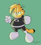  2021 4_fingers anthro belt clothed clothing danny_phantom domestic_cat felid feline felis fingers garfield_(series) garfield_the_cat green_background green_eyes lidded_eyes male mammal nickelodeon overweight overweight_male parody pink_nose princeofdingos signature simple_background solo 