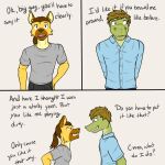  alligator alligatorid anthro clothed clothing comic crocodilian dialogue dress_shirt duo english_text eye_contact facial_hair fully_clothed fuze fuzeyeen gabriel_(fuze) hair hi_res hyaenid looking_at_another looking_away male male/male mammal mustache ponytail reptile scalie shirt shy simple_background spotted_hyena stubble t-shirt text topwear 