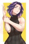  1girl abs anagumasan bare_shoulders bodysuit boku_no_hero_academia breasts collarbone curvy highres lady_nagant large_breasts looking_at_viewer multicolored_hair muscular muscular_female parted_lips pink_hair purple_eyes purple_hair short_hair skin_tight sleeveless solo toned yellow_background 