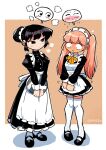  1boy 1girl :&lt; apron black_dress black_eyes black_footwear blush border bow bowtie brown_background closed_mouth crossdressing dress full-face_blush hair_bun juliet_sleeves komi-san_wa_komyushou_desu komi_shouko long_hair long_sleeves maid_apron maid_headdress orange_bow orange_bowtie pink_hair puffy_sleeves rariatto_(ganguri) shoes short_dress sidelocks spoken_expression tadano_hitohito thighhighs twintails twitter_username waist_apron white_apron white_border white_legwear zettai_ryouiki 