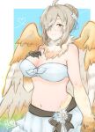  1girl ahoge animal_hands bare_shoulders breasts brown_hair commentary_request feathered_wings feathers flower glasses hair_bun hair_intakes hair_over_one_eye hand_on_own_chest harpy highres large_breasts midriff monster_girl navel neck_ruff nina27_sg semi-rimless_eyewear sidelocks smile solo swimsuit tokyo_afterschool_summoners white-framed_eyewear white_feathers wings yellow_eyes ziz_(housamo) 