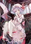  1girl absurdres bat_wings bloomers dress fangs floating from_below full_body hat highres indoors iyo_(ya_na_kanji) juliet_sleeves light_blush long_sleeves looking_at_viewer mob_cap parted_lips pointy_ears puffy_sleeves purple_hair red_eyes remilia_scarlet shoes short_hair solo thighhighs touhou underwear upskirt white_dress white_legwear wings 
