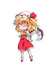  1girl ascot bangs blonde_hair chibi clip_studio_paint_(medium) closed_eyes collared_dress crying crystal dairi dress eyebrows_visible_through_hair flandre_scarlet frills full_body hair_between_eyes hair_ribbon hand_up hat jewelry mob_cap multicolored_wings one_side_up open_mouth puffy_short_sleeves puffy_sleeves red_dress red_footwear red_ribbon ribbon shirt shoes short_hair short_sleeves simple_background socks solo standing tachi-e tears touhou white_background white_headwear white_legwear white_shirt wings yellow_ascot 