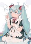  +_+ 1girl absurdres apron black_dress black_footwear blue_eyes blue_hair bow bowtie bubble closed_mouth commentary dress english_commentary full_body hatsune_miku highres long_hair maid maid_apron red_bow red_bowtie short_sleeves sitting solo sweat taowu_(20809) thighhighs twintails very_long_hair vocaloid wariza white_apron white_legwear wrist_cuffs 