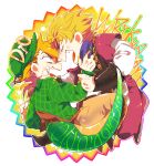  2boys anger_vein argyle argyle_sweater blonde_hair chibi claws diego_brando dinosaur_tail dio_brando fighting glasglow_smile green_shirt helmet jojo_no_kimyou_na_bouken male_focus multiple_boys phantom_blood purple_scarf sadahara_inako scarf scary_monsters_(stand) shirt stand_(jojo) steel_ball_run sweater tail wide-eyed 