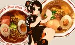  1girl bangs black_dress black_eyes black_footwear black_hair blush_stickers bowl butudan_butugu china_dress chinese_clothes dress egg_(food) floral_print flower food hair_bun hair_flower hair_ornament hair_ribbon hands_up kamaboko leg_up looking_at_viewer no_nose no_sclera noodles orange_ribbon original ramen ribbon short_hair short_sleeves side_slit sidelocks solo standing standing_on_one_leg symbol-only_commentary two-sided_dress 