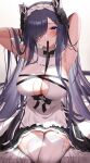  1girl armpits arms_behind_head august_von_parseval_(azur_lane) azur_lane blue_eyes blush breasts chest_strap cleavage_cutout clothes_in_mouth clothing_cutout dress frilled_dress frills futon_fly_away grey_hair hair_over_one_eye headband highres large_breasts long_hair maid solo sweat thighhighs very_long_hair white_dress white_legwear 