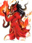  2022 anthro asian_mythology black_body black_fur black_hair black_horn breasts canid canine claws demon east_asian_mythology fangs female fire fireball fox fur hair heather_bruton horn japanese_mythology looking_at_viewer looking_back looking_back_at_viewer mammal multi_tail mythology nude oni red_body red_eyes red_fur side_boob simple_background snarling solo teeth tusks white_background white_body white_fur yōkai 