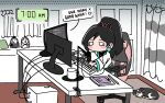  black_hair chair chibi computer cup curtains dog door dress earrings glowing glowing_earrings hair_ribbon highres jewelry keyboard_(computer) monitor mouse_(computer) orb playing_games ribbon sage_(valorant) speech_bubble ssant0kkie stuffed_toy tied_hair timestamp tired valorant white_dress 