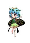  1girl antennae aqua_hair barefoot blush brown_eyes butterfly_wings chibi dairi dress eternity_larva eyebrows_visible_through_hair fairy flying_sweatdrops full_body green_dress hair_between_eyes leaf leaf_on_head multicolored_clothes multicolored_dress open_mouth short_hair short_sleeves single_strap solo spread_legs standing tachi-e touhou transparent_background wings 