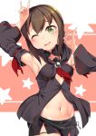  1girl armpits arms_up bangs bare_shoulders black_shirt black_shorts black_sleeves blush breasts brown_hair center_opening cleavage cosplay cowboy_shot detached_sleeves double_fox_shadow_puppet drawstring eyebrows_visible_through_hair fox_shadow_puppet front_slit fubuki_(kancolle) green_eyes groin hair_between_eyes head_tilt highres hololive hood hood_down kantai_collection key kurokami_fubuki kurokami_fubuki_(cosplay) long_hair looking_at_viewer low_ponytail medium_breasts midriff namesake navel neckerchief one_eye_closed open_mouth ponytail red_background red_neckerchief red_ribbon revision ribbon ribbon-trimmed_sleeves ribbon_trim shirt short_ponytail short_shorts shorts sideboob sidelocks sleeveless sleeveless_shirt solo standing starry_background white_background wide_sleeves yasume_yukito 