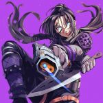 1girl anemia_kwus apex_legends b3_wingman black_scarf blue_eyes bullet_hole dual_wielding floating_hair gun hair_behind_ear handgun highres holding holding_gun holding_knife holding_weapon knee_pads knife kunai looking_at_viewer parted_lips purple_background revolver scarf smile solo v-shaped_eyebrows weapon wraith_(apex_legends) 
