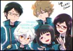  2girls 3boys ahoge amatori_chika bangs black_eyes black_hair black_jacket black_neckwear blue_eyes blue_jacket bob_cut brown_hair closed_mouth english_text eyebrows eyebrows_visible_through_hair glasses green_eyes grin hair_between_eyes hyuse jacket kuga_yuuma long_hair mikumo_osamu multiple_boys multiple_girls necktie open_mouth purple_eyes red_eyes shirt short_hair simple_background smile swkzw1015 upper_body usami_shiori white_background white_hair white_shirt world_trigger 