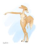  3_toes absurd_res anthro bestbake blue_eyes canid canine clawed_toes claws feet female fox fur hi_res mammal navel orange_body orange_fur pinup pose simple_background small_waist solo standing toes wide_hips 