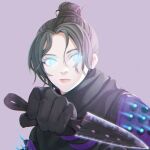  1girl anemia_kwus apex_legends bangs black_bodysuit black_gloves black_scarf bodysuit gloves glowing glowing_eyes hair_behind_ear hair_bun highres holding holding_knife knife kunai looking_to_the_side parted_bangs portrait purple_background scarf solo weapon wraith&#039;s_kunai wraith_(apex_legends) 