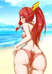  ass beach blazblue blush butt_crack highres leaning_forward looking_at_viewer looking_back red_eyes red_hair red_swimsuit ribbon swimsuit tsubaki_yayoi yakuryo yellow_ribbon 