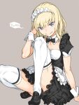  1girl adjusting_hair apron black_bow black_bowtie black_dress black_footwear blonde_hair blue_eyes bow bowtie breasts detached_collar dress eyebrows_visible_through_hair frilled_dress frills haimura_kiyotaka highres leivinia_birdway loafers looking_at_viewer maid maid_headdress medium_hair shoes short_sleeves simple_background sitting small_breasts smile solo speech_bubble thighhighs thighs toaru_majutsu_no_index toaru_majutsu_no_index:_new_testament waist_apron wrist_cuffs 