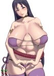  1girl absurdres bangs bikini breasts choker collarbone cosplay eyepatch_bikini fat fate/grand_order fate_(series) highres huge_breasts long_hair low-tied_long_hair minamoto_no_raikou_(fate) minamoto_no_raikou_(swimsuit_lancer)_(fate) minamoto_no_raikou_(swimsuit_lancer)_(fate)_(cosplay) navel nohohon_pictures parted_bangs purple_bikini purple_eyes purple_hair purple_legwear sagging_breasts side-tie_bikini solo strapless strapless_bikini swimsuit thighhighs very_long_hair 