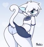  &lt;3 2021 2:3 absurd_res anthro arched_back belly bent_over bent_over_with_legs_held_straight biped black_nose blue_clothing blue_eyes blush blush_lines bottomwear butt clothed clothing clothing_lift crossdressing digital_media_(artwork) domestic_cat ears_down eyelashes felid feline felis fur girly glistening glistening_body glistening_butt glistening_eyes glistening_fur glistening_skin hair hi_res kemono looking_at_viewer looking_back looking_back_at_viewer male mammal nabi_(artist) nabi_(character) open_mouth partially_clothed pinup pivoted_ears pose presenting presenting_hindquarters raised_bottomwear raised_clothing raised_skirt raised_tail rear_view school_uniform shaded simple_background skimpy skirt skirt_lift solo timid underwear uniform white_background white_belly white_body white_fur white_hair 