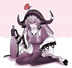  1girl animal_ears arknights bangs blush bokiboki333 bottle cow_ears cow_girl cow_horns dress drooling drunk eyebrows_visible_through_hair full_body gloves hair_between_eyes highres holding holding_bottle horns jacket long_sleeves monochrome nose_blush open_clothes open_jacket open_mouth pallas_(arknights) pantyhose purple_theme shoes short_hair_with_long_locks sidelocks sitting solo spot_color veil yokozuwari 