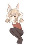  1girl ahoge animal_ear_fluff animal_ears arms_behind_head arms_up bangs black_legwear blush brown_eyes brown_hair closed_mouth eyebrows_visible_through_hair full_body genshin_impact hair_between_eyes kemonomimi_mode klee_(genshin_impact) leotard low_twintails no_shoes pantyhose pointy_ears rabbit_ears rabbit_girl rabbit_tail red_leotard risu_(ritharte) simple_background solo strapless strapless_leotard tail twintails white_background 