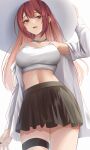  1girl bangs bare_shoulders black_skirt blush breasts collarbone hat highres jacket large_breasts long_hair long_sleeves looking_at_viewer navel off_shoulder open_clothes open_jacket open_mouth original skirt smile solo sun_hat thigh_strap thighs white_headwear white_jacket yamikyon 