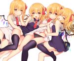  4girls ;o alternate_costume alternate_eye_color bangs barefoot black_legwear black_panties blonde_hair blush bow breasts closed_mouth collarbone commentary_request crystal dress eyebrows_visible_through_hair eyelashes flandre_scarlet four_of_a_kind_(touhou) furrowed_brow hair_ribbon hand_on_another&#039;s_face looking_at_viewer multiple_girls necktie one_eye_closed open_mouth panties rainbow_order red_bow red_eyes red_necktie red_ribbon ribbon rimu_(kingyo_origin) shiny shiny_hair short_necktie sidelocks simple_background sitting sleeveless sleeveless_dress small_breasts thighhighs thighs touhou underwear white_background wings yellow_eyes 