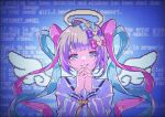  1girl @_@ blue_hair blue_screen_of_death bow english_text error_message fukowaikaga grey_hair hair_bow halo highres interlocked_fingers long_hair long_sleeves looking_at_viewer multicolored_hair multicolored_nails multiple_hair_bows nail_polish neck_ribbon needy_girl_overdose noise omgkawaiiangel-chan own_hands_clasped own_hands_together parted_lips pink_hair ribbon sailor_collar smile solo twintails upper_body very_long_hair 