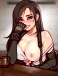  1girl artist_name black_hair blush blushy-pixy breasts clothes_pull collarbone crop_top cup dangle_earrings drinking_glass earrings elbow_pads final_fantasy final_fantasy_vii final_fantasy_vii_remake fingerless_gloves gloves grin jewelry large_breasts long_hair looking_at_viewer nipples red_eyes shot_glass signature sitting smile solo suspenders tank_top tifa_lockhart undershirt white_tank_top 