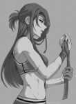  1girl alternate_costume anhmaruwu bare_shoulders beidou_(genshin_impact) eyepatch from_side genshin_impact greyscale hand_wraps long_hair monochrome muscular open_mouth red_eyes scar sports_bra toned 