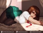  1girl bangs bed black_legwear boku_no_hero_academia breasts brown_eyes brown_hair english_commentary green_skirt gumroad_logo gumroad_username indoors large_breasts looking_at_viewer luminyu lying necktie on_bed pantyhose parted_lips patreon_logo patreon_username pleated_skirt red_necktie school_uniform shirt short_hair signature skirt solo twitter_logo twitter_username u.a._school_uniform uraraka_ochako web_address white_shirt 