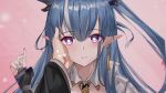  1boy 1girl arknights bangs blue_hair blue_nails bridal_gauntlets earrings eyebrows_visible_through_hair hair_between_eyes hand_on_another&#039;s_face hand_up heart heart-shaped_pupils horns jewelry ling_(arknights) long_hair long_sleeves long_wuxian looking_at_viewer multicolored_hair nail_polish out_of_frame pointy_ears ponytail portrait purple_eyes shirt solo_focus streaked_hair symbol-shaped_pupils white_hair white_shirt wide_sleeves 