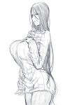  1girl breasts cowboy_shot dress greyscale highres huge_breasts long_hair looking_at_viewer minamoto_no_raikou_(fate) monochrome nakamura_regura original pantyhose parted_lips simple_background solo sweater sweater_dress very_long_hair white_background 
