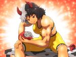  1girl animal_ears bangs bare_shoulders bench black_hair breasts closed_mouth commentary_request cow_ears cow_girl cow_tail dumbbell exercise eyelashes feet_out_of_frame hand_on_own_knee knees large_breasts multicolored_hair muscular muscular_female red_eyes shiny shiny_hair shirosato short_hair shorts sitting solo sweat tail tank_top touhou two-tone_hair ushizaki_urumi wavy_hair yellow_shorts yellow_tank_top 