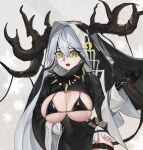  1girl ? absurdres antlers arm_behind_back arm_up bangs black_bra black_cloak black_dress black_gloves bra breasts cleavage cloak destroyer_(girls&#039;_frontline) dress eyebrows_visible_through_hair gcg girls&#039;_frontline gloves green_eyes hair_ribbon highres hood hooded_cloak large_breasts long_hair looking_at_viewer official_alternate_costume open_mouth ribbon rubber_gloves sangvis_ferri silver_hair simple_background solo teeth underwear upper_body upper_teeth 