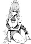  1girl armlet ascot bare_shoulders bikini breasts carmilla_(fate) carmilla_(summertime_mistress)_(fate) closed_mouth embarrassed fate/grand_order fate_(series) fingernails greyscale highres jewelry large_breasts long_fingers looking_at_viewer monochrome nakamura_regura necklace ponytail semi-rimless_eyewear sharp_fingernails simple_background solo sunglasses sweatdrop swimsuit under-rim_eyewear white_background 