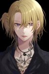  1boy blonde_hair collared_shirt highres jewelry looking_to_the_side luca_kaneshiro male_focus necklace nijisanji pale_skin purple_eyes shirt short_sidetail solo sorano tattoo 