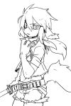  2021 anthro bangs biped black_and_white black_nose bottomwear bra canid canine clothed clothing digital_media_(artwork) ear_tuft eyewear female front_view glasses hair hi_res holding_object holding_sword holding_weapon kemono looking_at_viewer mammal melee_weapon monochrome narrowed_eyes pizademokttero portrait shorts simple_background solo standing sword tail_tuft three-quarter_portrait three-quarter_view topwear tuft underwear unknown_species weapon white_background 