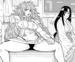  2girls :&lt; abs bb_(baalbuddy) big_hair breasts closed_mouth commentary english_commentary greyscale hakama hakama_skirt headband highres japanese_clothes large_breasts looking_at_viewer manspreading monochrome multiple_girls navel open_mouth panties pantyshot queen&#039;s_blade risty sitting skirt subway tomoe_(queen&#039;s_blade_unlimited) underwear 