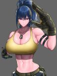  1girl abs armlet bangs bare_shoulders belt blue_eyes blue_hair breasts cleavage collarbone dog_tags earrings gloves highres jewelry large_breasts leona_heidern muscular muscular_female ponytail pouch solo tank_top the_king_of_fighters the_king_of_fighters_xiv the_king_of_fighters_xv toned triangle_earrings wolffeld_price yellow_tank_top 