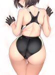  1girl ahoge alternate_costume ass ass_visible_through_thighs azur_lane back baltimore_(azur_lane) bangs bare_shoulders black_gloves black_hair black_jacket black_swimsuit blush bob_cut braid breasts brown_hair competition_swimsuit covered_navel dakimakura_(medium) fingerless_gloves from_behind full_body gloves halcon half_gloves highleg highleg_swimsuit jacket large_breasts looking_to_the_side lying off_shoulder on_stomach one-piece_swimsuit open_clothes open_jacket open_mouth partially_fingerless_gloves sample short_hair side_braid simple_background swimsuit thigh_gap thighs toes white_background yellow_eyes 
