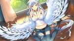  1girl ahoge artist_request bare_shoulders bird_legs blush breasts cleavage denim earrings eyebrows_visible_through_hair feathered_wings feathers harpy haru_(monster_musume) jeans jewelry large_breasts long_hair looking_at_viewer medium_breasts midriff monster_girl monster_musume_no_iru_nichijou monster_musume_no_iru_nichijou_online navel official_art on_floor pants pointy_ears sitting smile solo talons torn_clothes torn_jeans torn_pants very_long_hair wariza white_hair white_wings window winged_arms wings yellow_eyes 