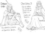  2girls bandages barefoot bb_(baalbuddy) cape circlet closed_mouth commentary dark_souls_(series) dark_souls_iii demon&#039;s_souls dress english_commentary highres holding jewelry long_dress looking_at_viewer maiden_in_black monochrome multiple_girls necklace no_eyes pun short_hair smile toes 