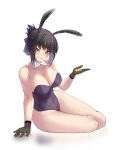  1girl absurdres animal_ears bangs bare_shoulders black_gloves black_hair blush breasts candy cleavage collarbone eyebrows_visible_through_hair fake_animal_ears food full_body girls&#039;_frontline gloves hair_ribbon hand_on_floor highres holding holding_candy holding_food large_breasts looking_at_viewer marrrrrr morridow_(girls&#039;_frontline) on_floor open_mouth playboy_bunny rabbit_ears ribbon short_hair smile solo teeth white_background yellow_eyes 