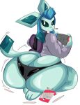  anthro big_butt butt clothing eeveelution female glaceon hi_res huge_butt lewd_dorky looking_back nintendo nintendo_switch panties pok&eacute;mon pok&eacute;mon_(species) simple_background solo thick_thighs topwear underwear video_games white_background 