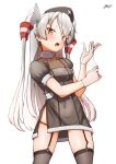  1girl adapted_costume amatsukaze_(kancolle) ayuman black_dress black_headwear black_legwear blush buttons collarbone dated dress feet_out_of_frame garter_straps gloves hair_tubes hat kantai_collection long_hair nurse_cap open_mouth orange_eyes puffy_short_sleeves puffy_sleeves short_sleeves signature silver_hair simple_background solo teeth thighhighs two_side_up upper_teeth white_background white_gloves windsock 
