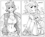  +++ 1girl animal_ears antenna_hair bb_(baalbuddy) blazblue breasts cleavage commentary cup disposable_cup drinking drinking_straw english_commentary greyscale highres jacket looking_at_viewer makoto_nanaya monochrome multiple_views open_clothes open_jacket pants shoes smile sneakers solo squirrel_ears squirrel_tail tail 