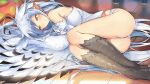  1girl ahoge artist_request bare_shoulders bird_legs blush breasts earrings eyebrows_visible_through_hair feathered_wings feathers harpy haru_(monster_musume) jewelry large_breasts long_hair lying medium_breasts monster_girl monster_musume_no_iru_nichijou monster_musume_no_iru_nichijou_online official_art on_floor panties parted_lips pointy_ears sideboob solo talons underwear very_long_hair white_hair white_panties white_wings winged_arms wings yellow_eyes 