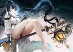  1girl arknights bangs bare_legs barefoot black_gloves black_panties blue_eyes blue_hair breasts closed_mouth coat crossed_legs cup dragon dragon_girl dragon_horns earrings elbow_gloves eyebrows_visible_through_hair full_body gloves gourd gradient gradient_background holding holding_cup horns jewelry lantern large_breasts ling_(arknights) long_hair long_sleeves looking_at_viewer necktie omone_hokoma_agm open_clothes open_coat panties pointy_ears shirt sitting smile solo staff underbust underwear very_long_hair white_coat white_shirt yellow_necktie 