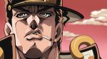  1boy blurry blurry_background brown_hair cigarette depth_of_field diamond_wa_kudakenai earrings fake_screenshot glasses grandguerrilla green_eyes hat highres jewelry jojo_no_kimyou_na_bouken kujo_jotaro looking_at_viewer male_focus mouth_hold outdoors parted_lips pink_sky portrait solo stud_earrings 